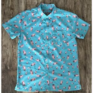 Retro Rifle NVGO Men Large Mint Teal Tactical Owl Print Button-Down Shirt Size
